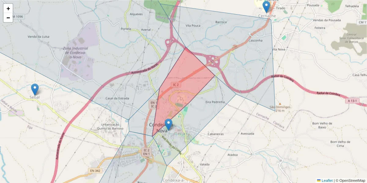 Mapa detalhado do código postal 3150-127 com limites, códigos postais vizinhos e agências dos correios