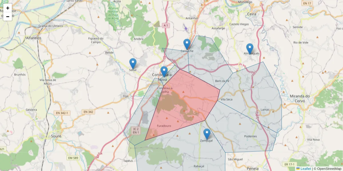 Mapa detalhado do código postal 3150-231 com limites, códigos postais vizinhos e agências dos correios