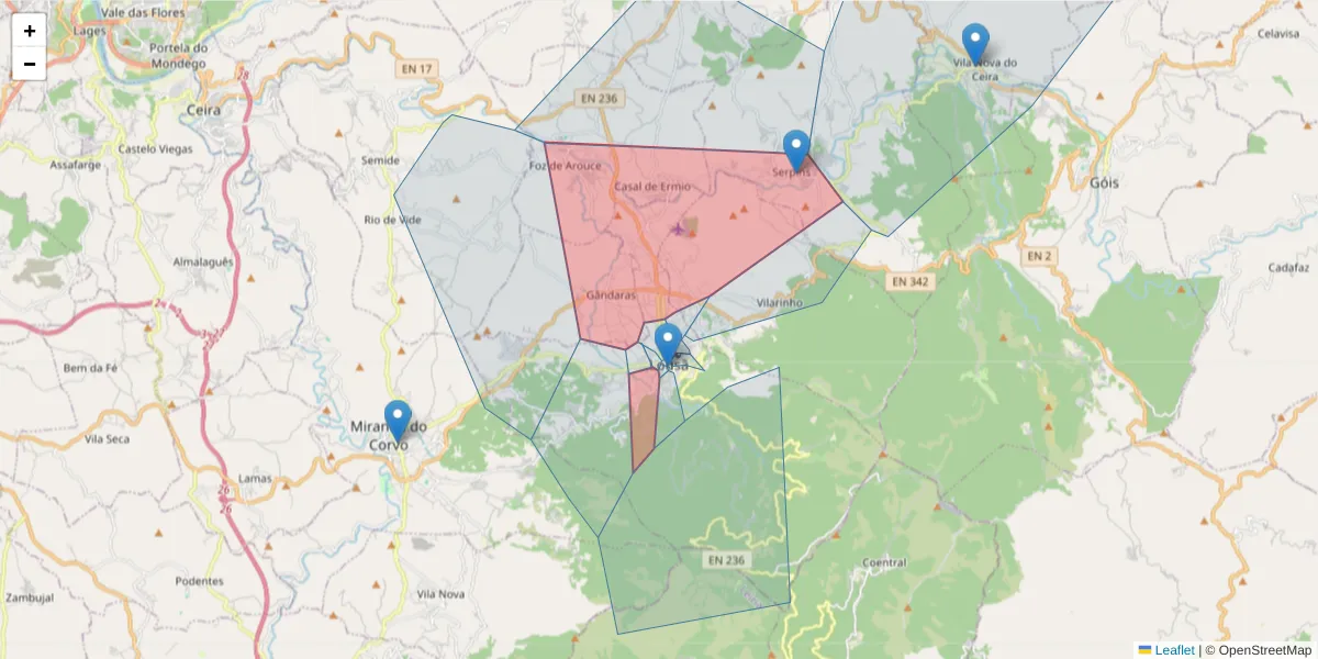 Mapa detalhado do código postal 3200 com limites, códigos postais vizinhos e agências dos correios