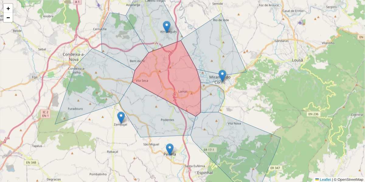 Mapa detalhado do código postal 3220-017 com limites, códigos postais vizinhos e agências dos correios