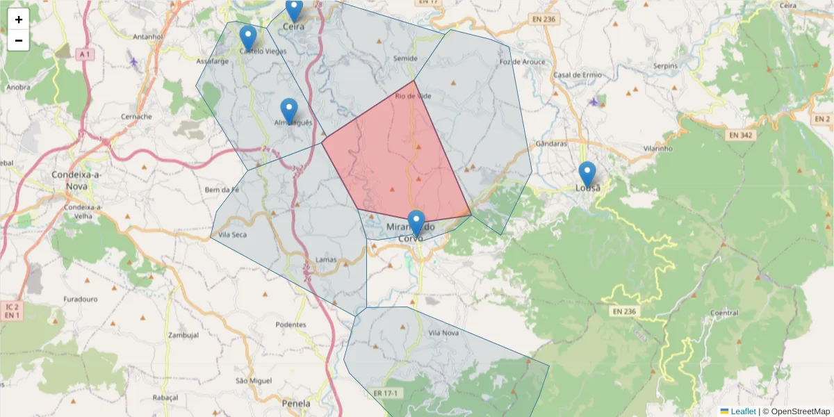 Mapa detalhado do código postal 3220-054 com limites, códigos postais vizinhos e agências dos correios