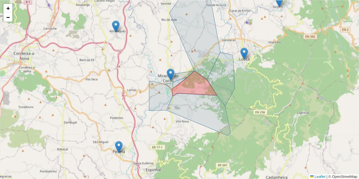 Mapa detalhado do código postal 3220-115 com limites, códigos postais vizinhos e agências dos correios