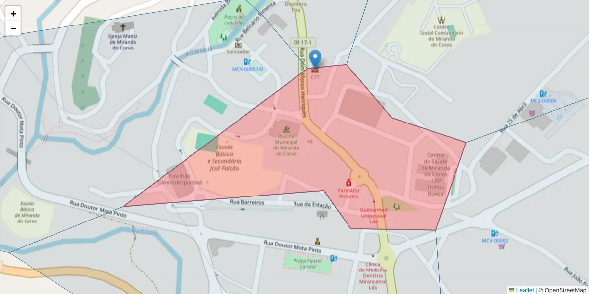 Mapa detalhado do código postal 3220-202 com limites, códigos postais vizinhos e agências dos correios