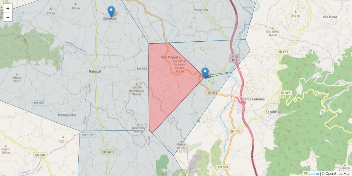 Mapa detalhado do código postal 3230-274 com limites, códigos postais vizinhos e agências dos correios