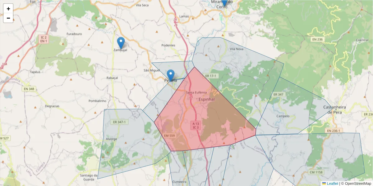 Mapa detalhado do código postal 3230-292 com limites, códigos postais vizinhos e agências dos correios