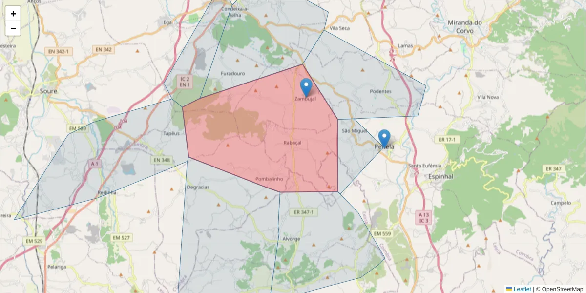 Mapa detalhado do código postal 3230-544 com limites, códigos postais vizinhos e agências dos correios