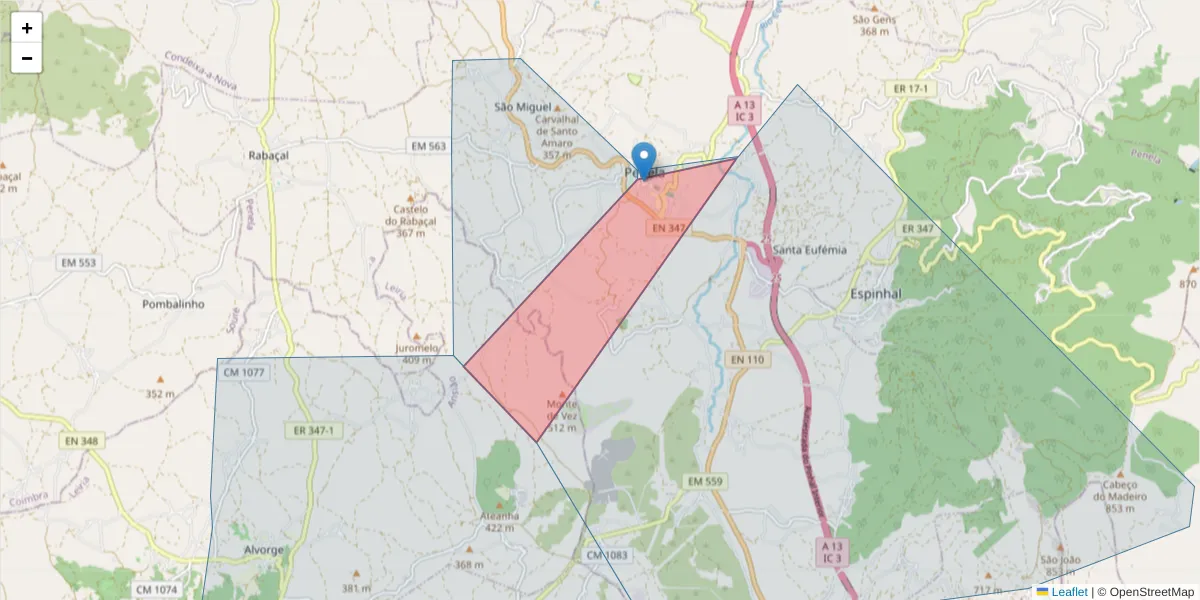 Mapa detalhado do código postal 3230-999 com limites, códigos postais vizinhos e agências dos correios