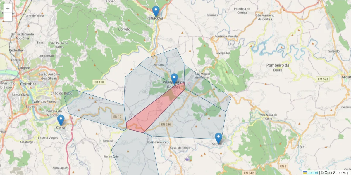 Mapa detalhado do código postal 3350-151 com limites, códigos postais vizinhos e agências dos correios