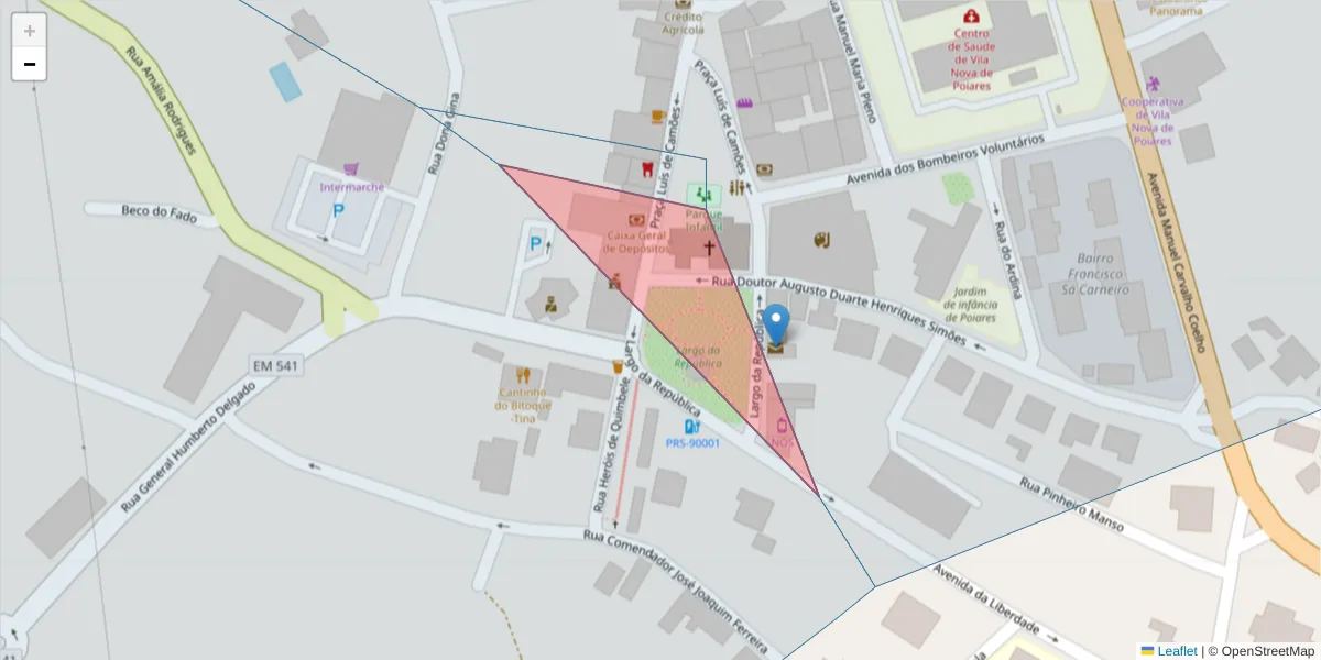 Mapa detalhado do código postal 3350-153 com limites, códigos postais vizinhos e agências dos correios