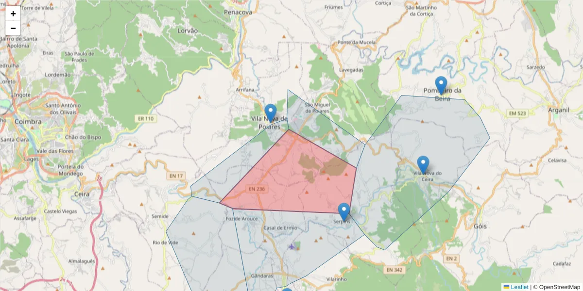 Mapa detalhado do código postal 3350-154 com limites, códigos postais vizinhos e agências dos correios