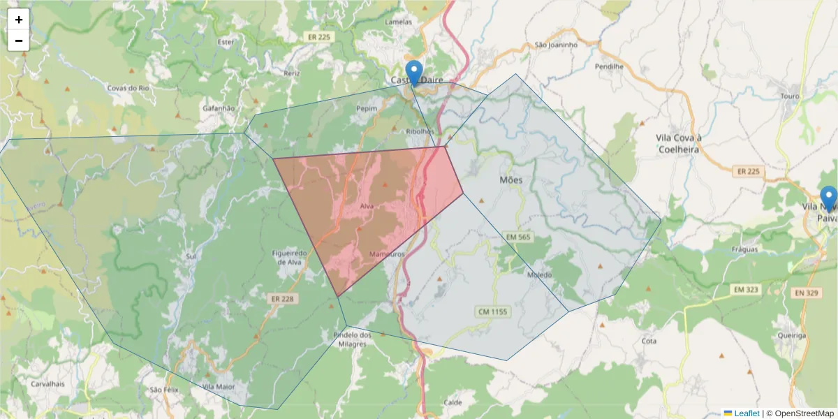 Mapa detalhado do código postal 3600 com limites, códigos postais vizinhos e agências dos correios