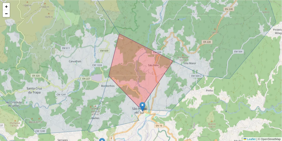 Mapa detalhado do código postal 3660-443 com limites, códigos postais vizinhos e agências dos correios