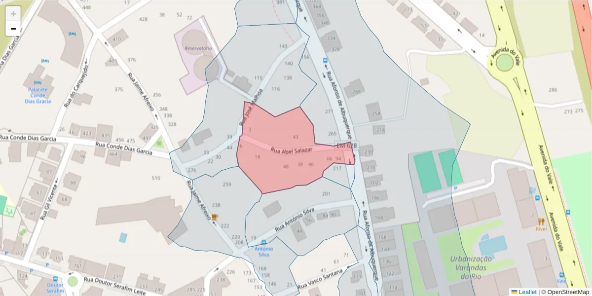 Mapa detalhado do código postal 3700-017 com limites, códigos postais vizinhos e agências dos correios