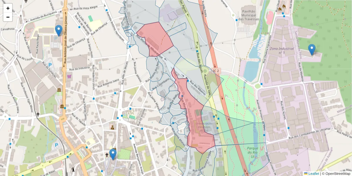 Mapa detalhado do código postal 3700-025 com limites, códigos postais vizinhos e agências dos correios