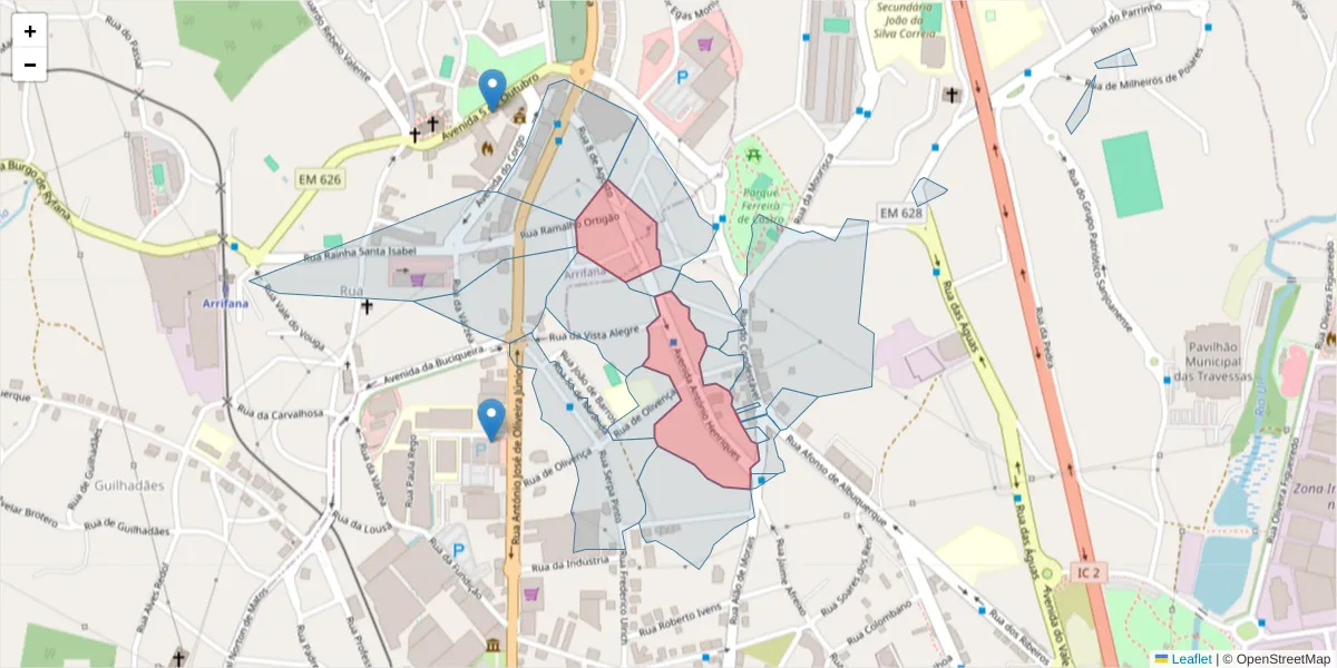 Mapa detalhado do código postal 3700-040 com limites, códigos postais vizinhos e agências dos correios