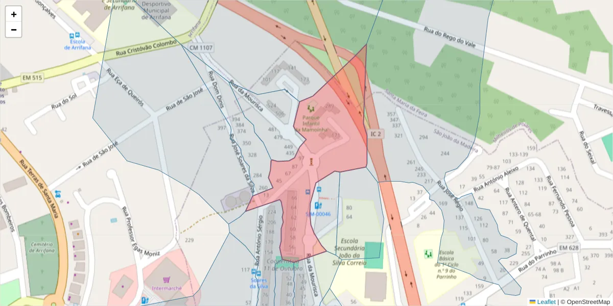 Mapa detalhado do código postal 3700-047 com limites, códigos postais vizinhos e agências dos correios
