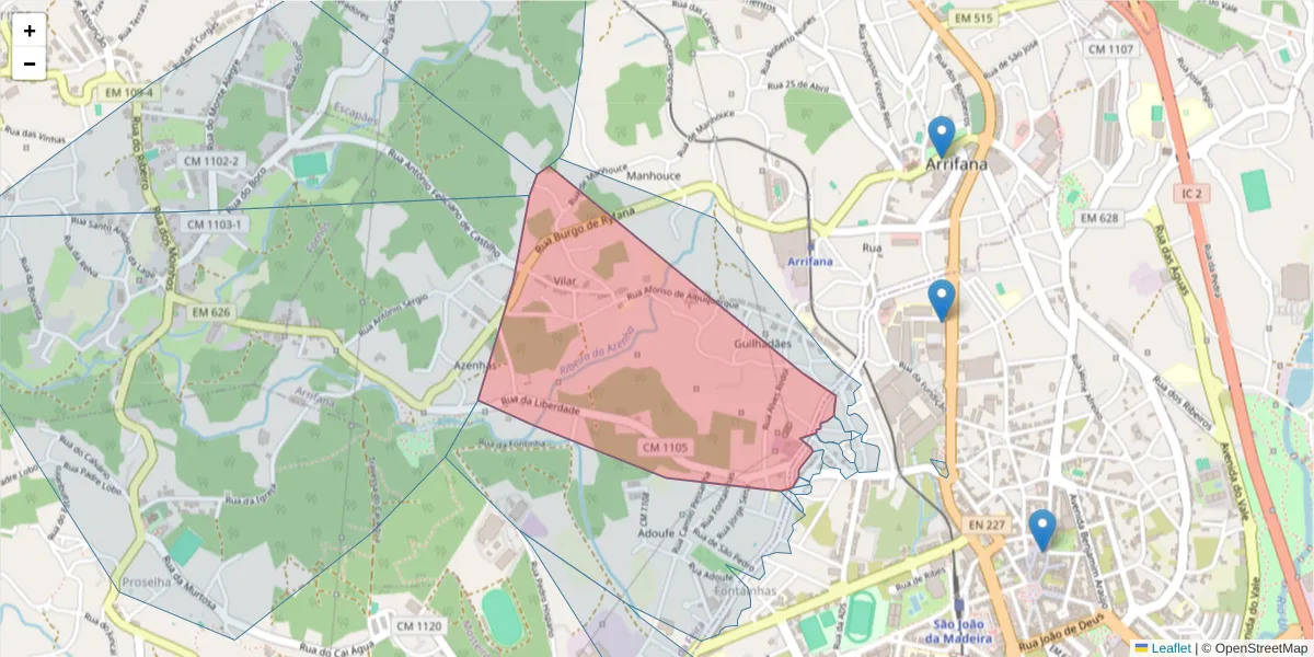 Mapa detalhado do código postal 3700-052 com limites, códigos postais vizinhos e agências dos correios