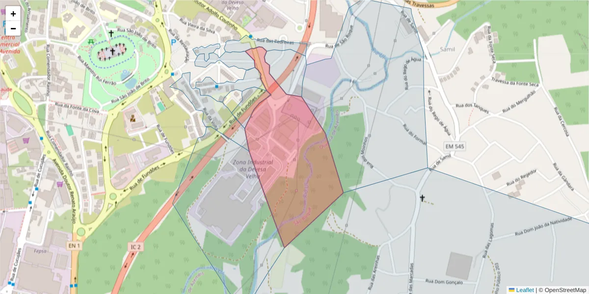 Mapa detalhado do código postal 3700-053 com limites, códigos postais vizinhos e agências dos correios
