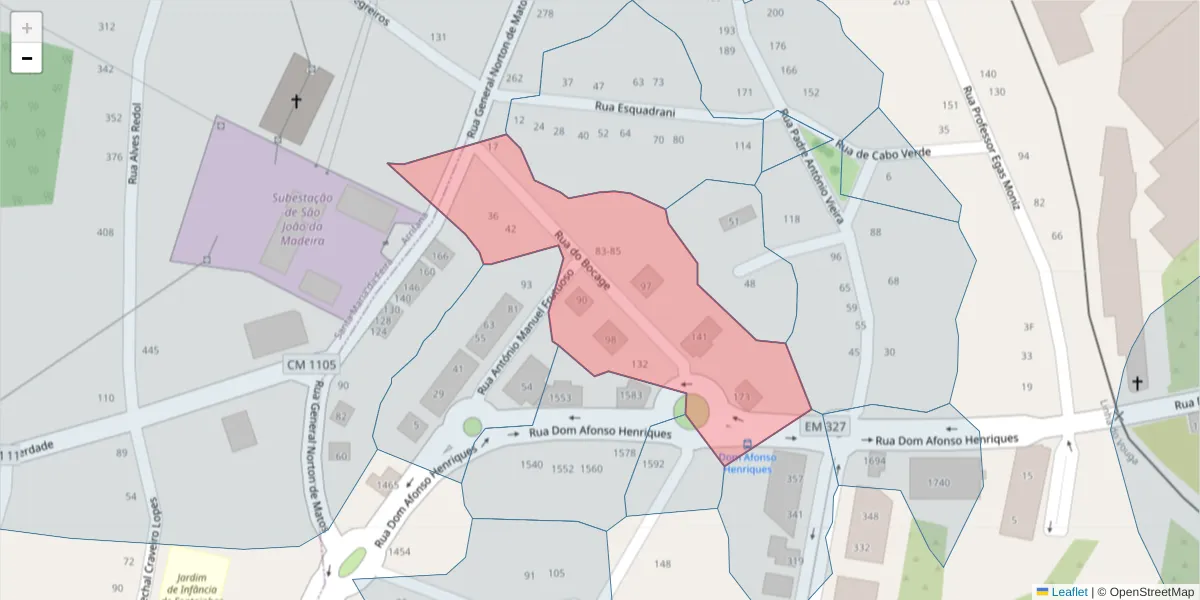 Mapa detalhado do código postal 3700-065 com limites, códigos postais vizinhos e agências dos correios