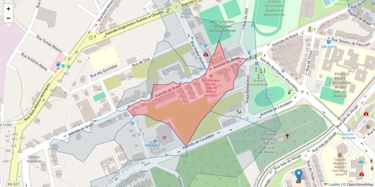 Mapa detalhado do código postal 3700-068 com limites, códigos postais vizinhos e agências dos correios