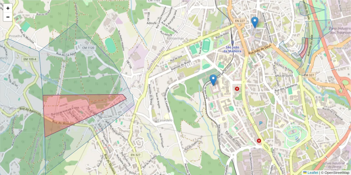 Mapa detalhado do código postal 3700-097 com limites, códigos postais vizinhos e agências dos correios