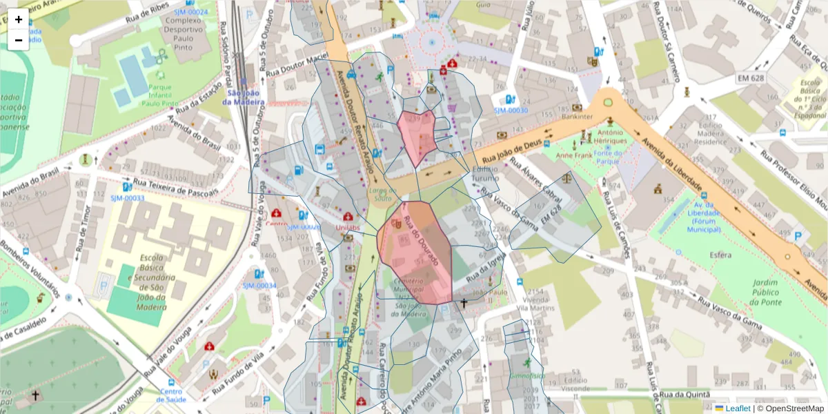 Mapa detalhado do código postal 3700-107 com limites, códigos postais vizinhos e agências dos correios