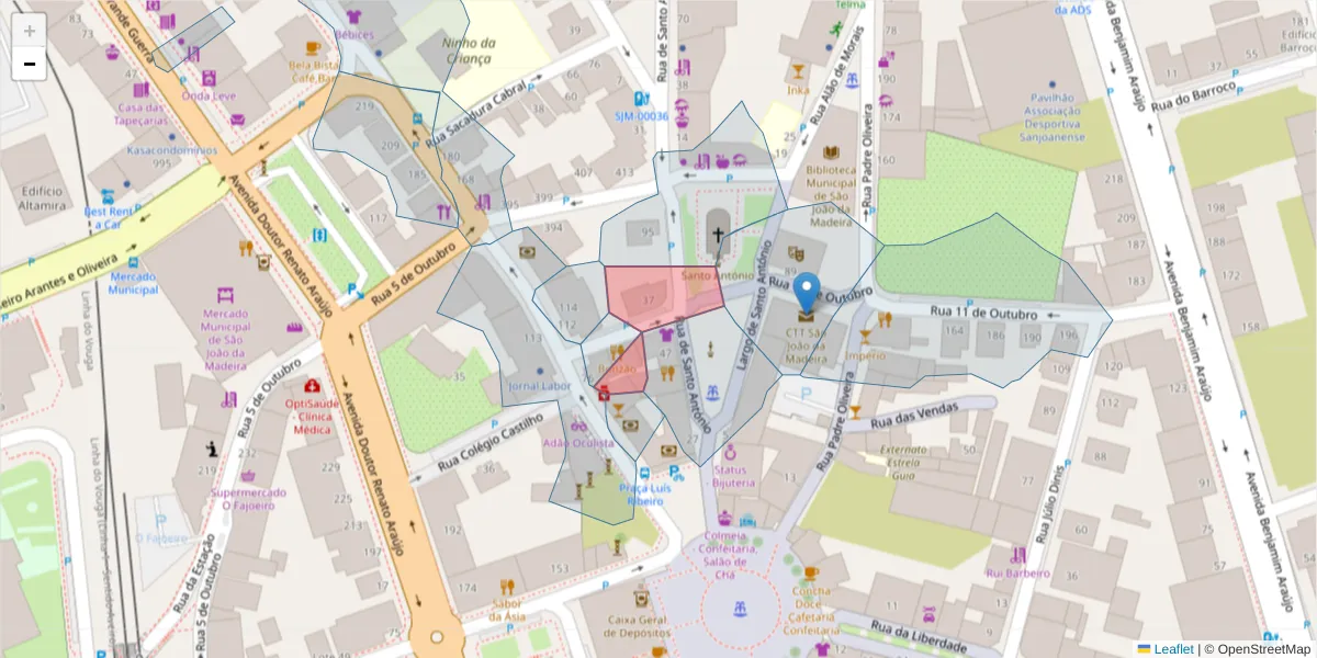 Mapa detalhado do código postal 3700-150 com limites, códigos postais vizinhos e agências dos correios
