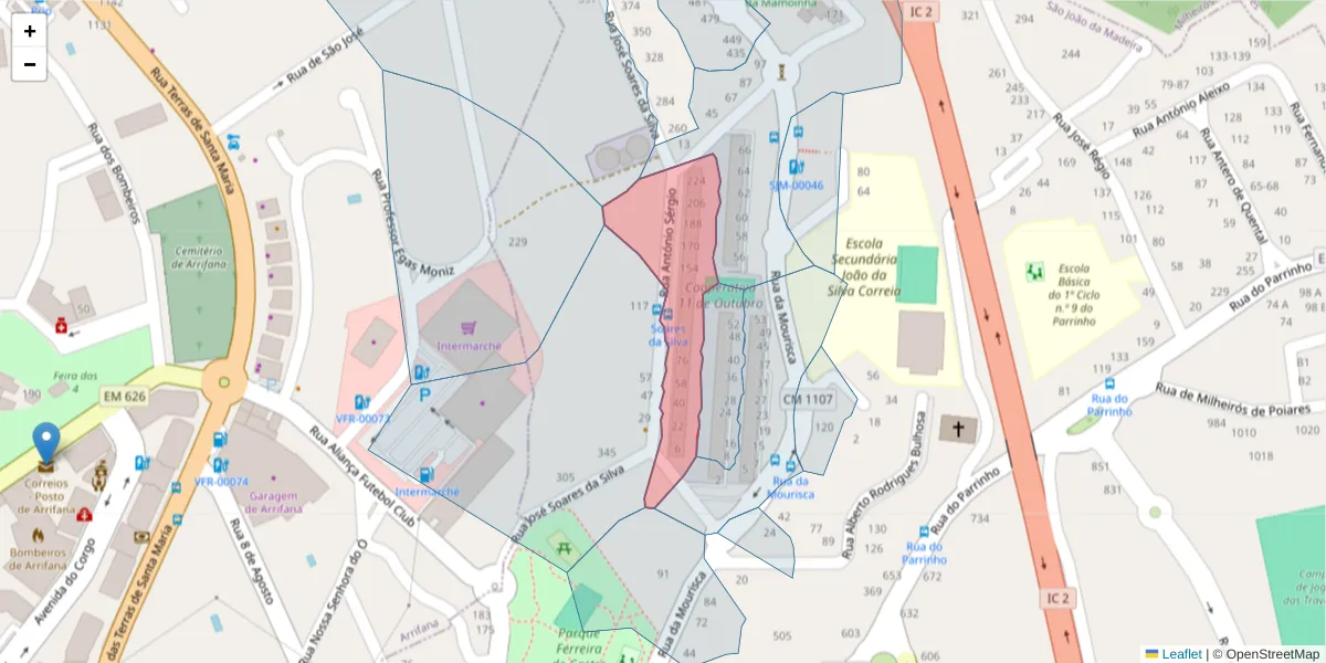 Mapa detalhado do código postal 3700-157 com limites, códigos postais vizinhos e agências dos correios