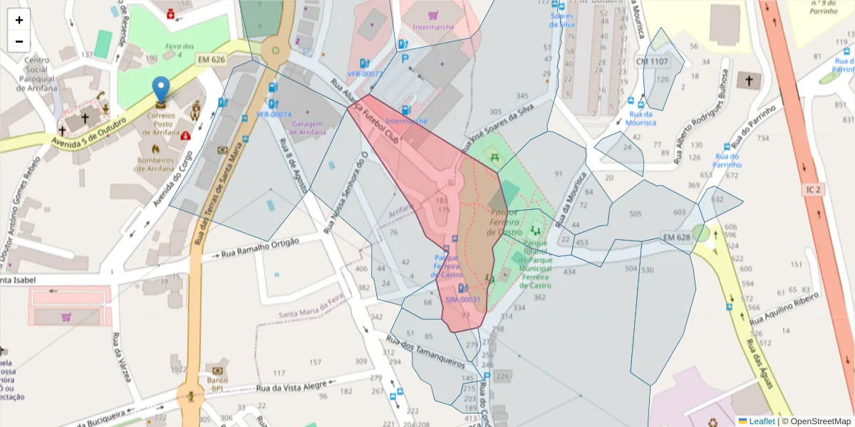Mapa detalhado do código postal 3700-159 com limites, códigos postais vizinhos e agências dos correios