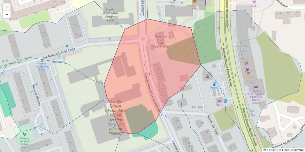 Mapa detalhado do código postal 3700-182 com limites, códigos postais vizinhos e agências dos correios