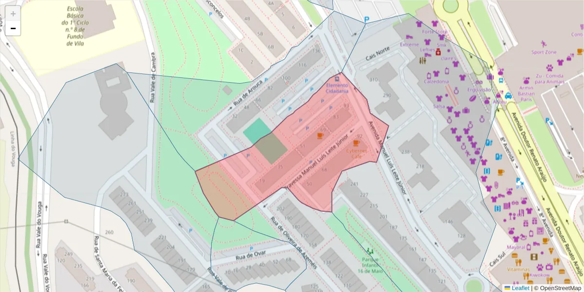 Mapa detalhado do código postal 3700-184 com limites, códigos postais vizinhos e agências dos correios