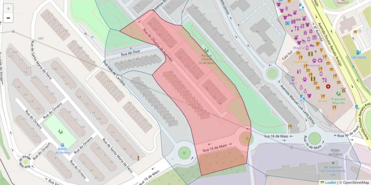 Mapa detalhado do código postal 3700-201 com limites, códigos postais vizinhos e agências dos correios