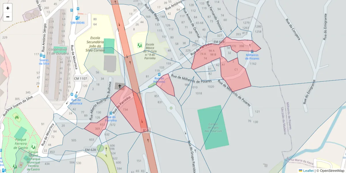 Mapa detalhado do código postal 3700-215 com limites, códigos postais vizinhos e agências dos correios