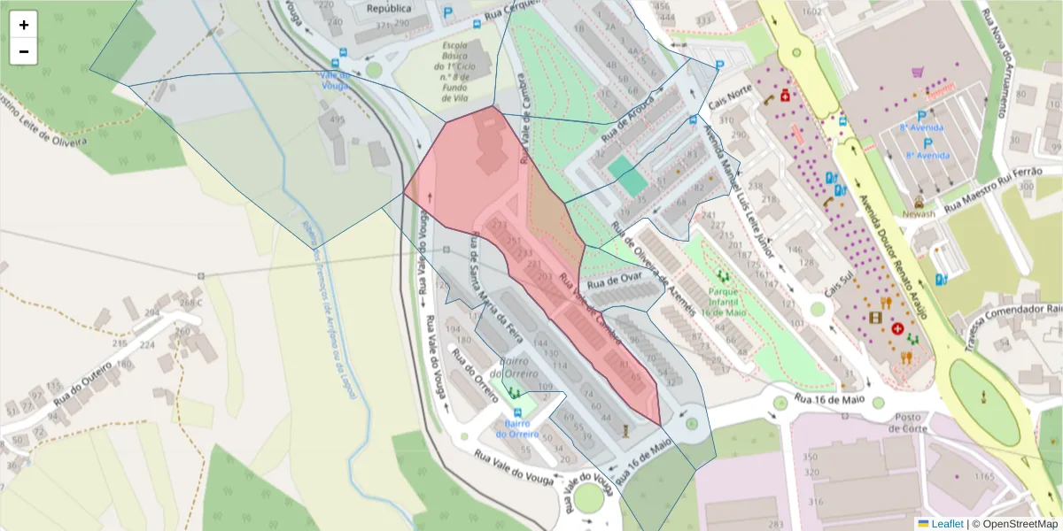 Mapa detalhado do código postal 3700-297 com limites, códigos postais vizinhos e agências dos correios