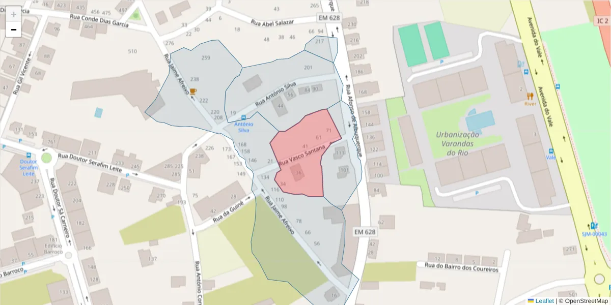 Mapa detalhado do código postal 3700-301 com limites, códigos postais vizinhos e agências dos correios