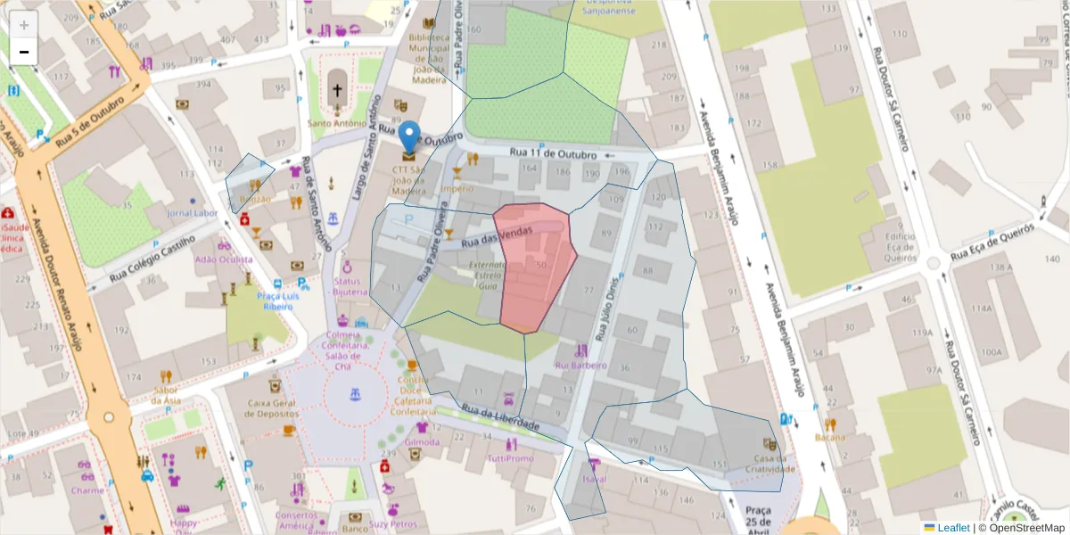 Mapa detalhado do código postal 3700-302 com limites, códigos postais vizinhos e agências dos correios