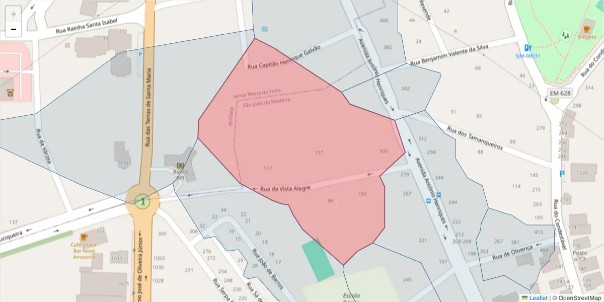 Mapa detalhado do código postal 3700-305 com limites, códigos postais vizinhos e agências dos correios