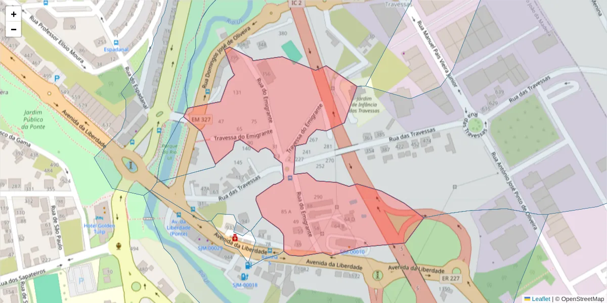 Mapa detalhado do código postal 3700-318 com limites, códigos postais vizinhos e agências dos correios