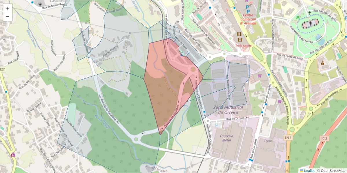 Mapa detalhado do código postal 3700-326 com limites, códigos postais vizinhos e agências dos correios