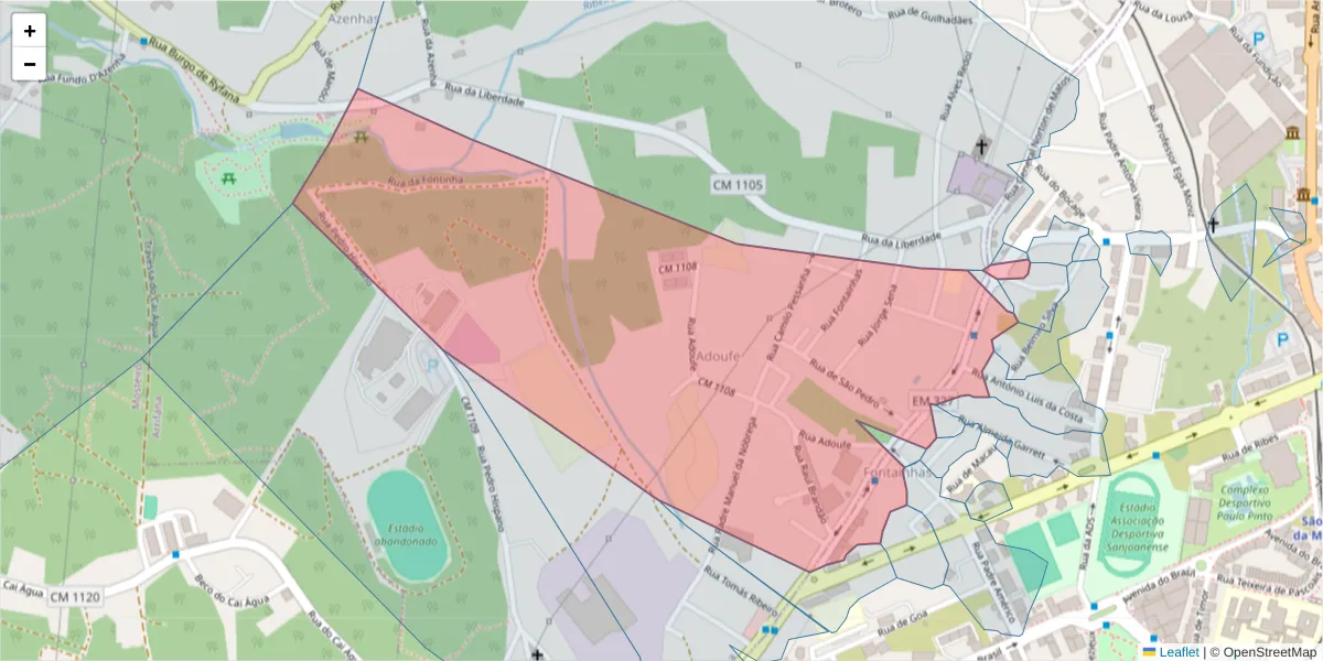 Mapa detalhado do código postal 3700-342 com limites, códigos postais vizinhos e agências dos correios