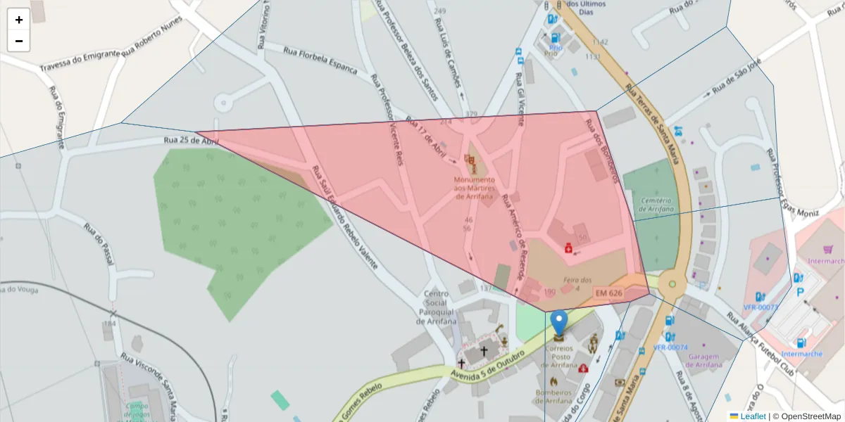 Mapa detalhado do código postal 3700-423 com limites, códigos postais vizinhos e agências dos correios