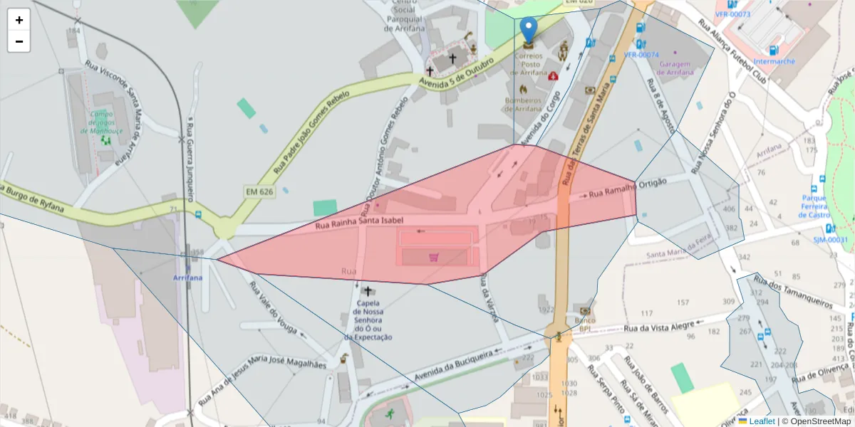 Mapa detalhado do código postal 3700-552 com limites, códigos postais vizinhos e agências dos correios
