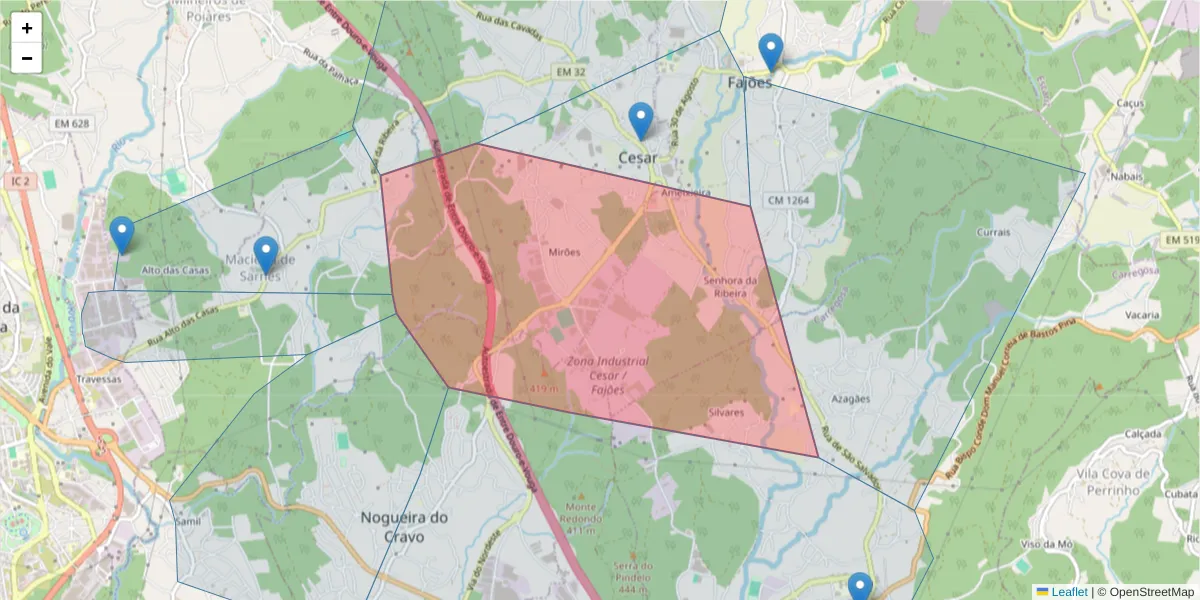 Mapa detalhado do código postal 3700-615 com limites, códigos postais vizinhos e agências dos correios