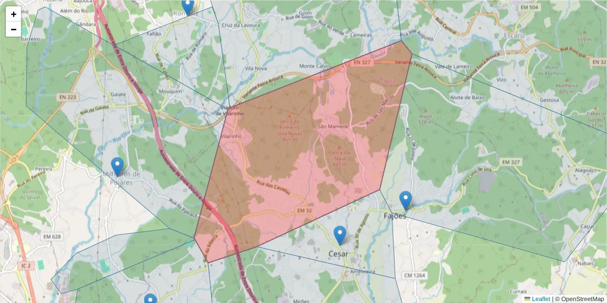 Mapa detalhado do código postal 3700-642 com limites, códigos postais vizinhos e agências dos correios