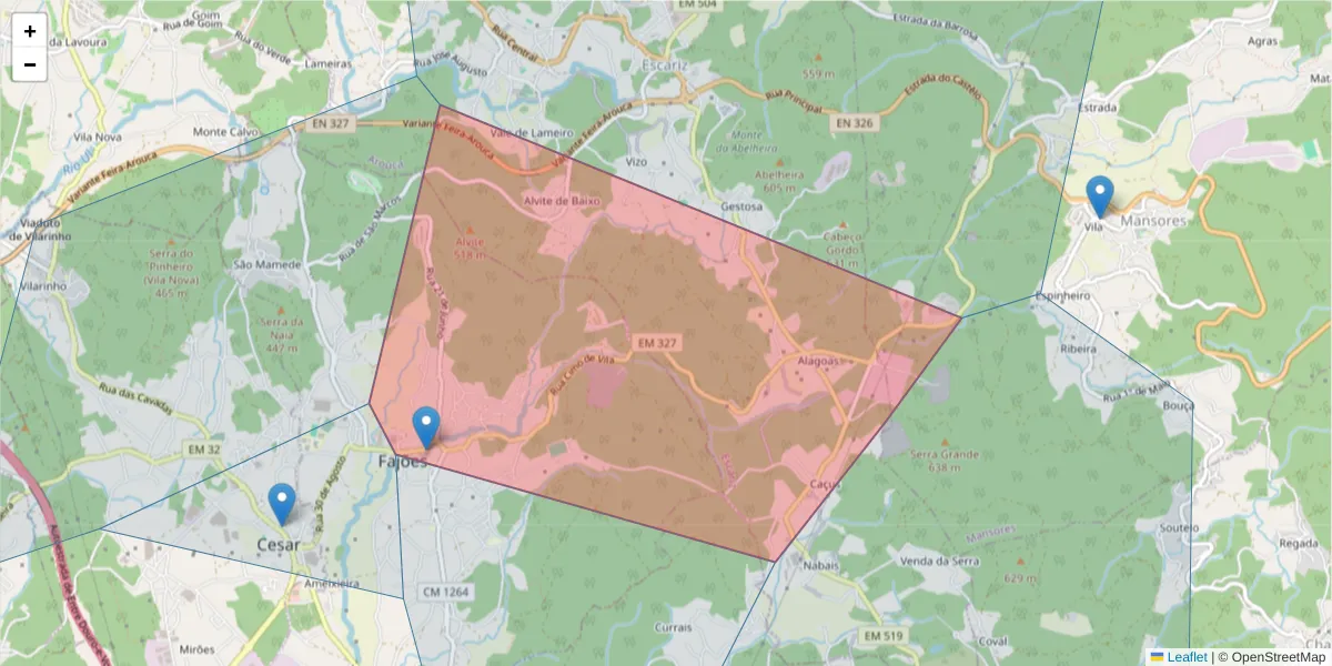 Mapa detalhado do código postal 3700-678 com limites, códigos postais vizinhos e agências dos correios