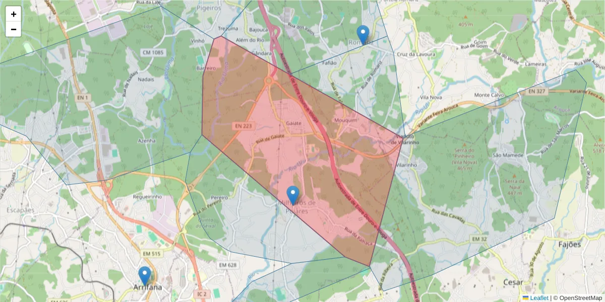 Mapa detalhado do código postal 3700-739 com limites, códigos postais vizinhos e agências dos correios