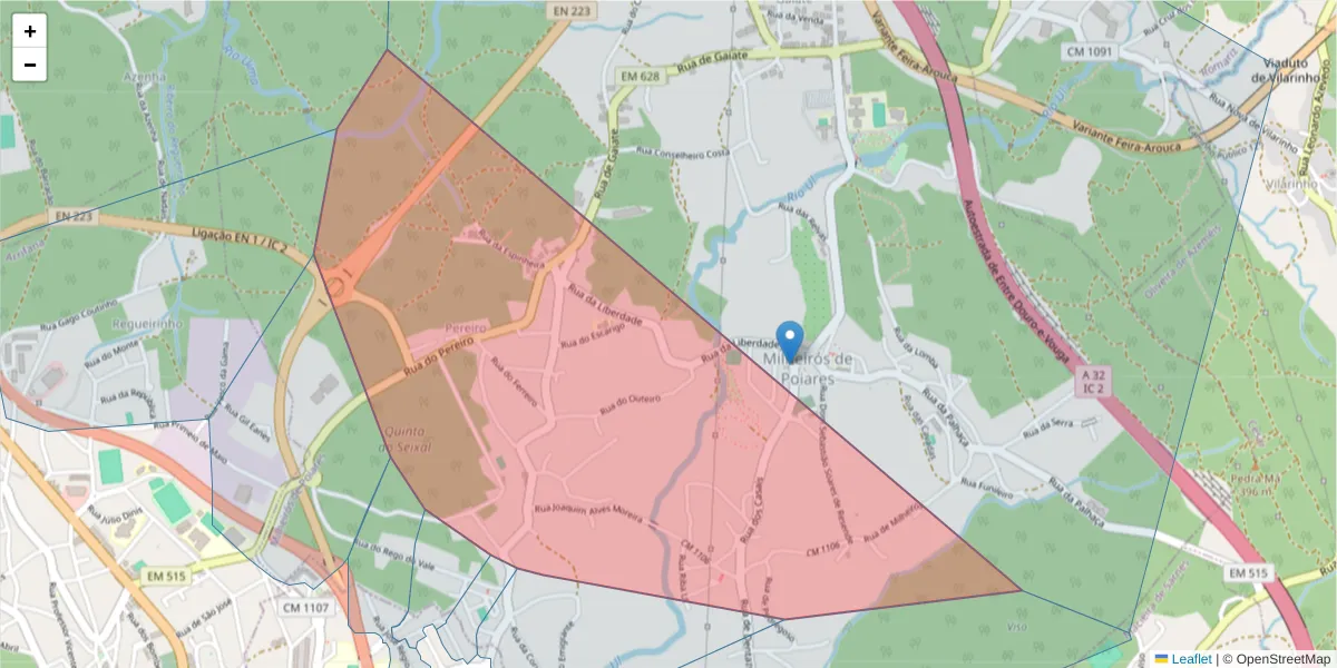 Mapa detalhado do código postal 3700-745 com limites, códigos postais vizinhos e agências dos correios