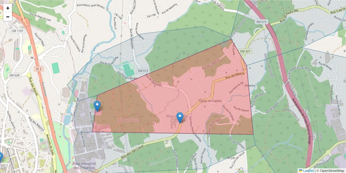 Mapa detalhado do código postal 3700-994 com limites, códigos postais vizinhos e agências dos correios