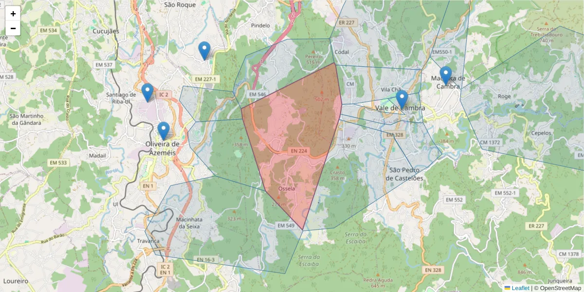 Mapa detalhado do código postal 3720-004 com limites, códigos postais vizinhos e agências dos correios