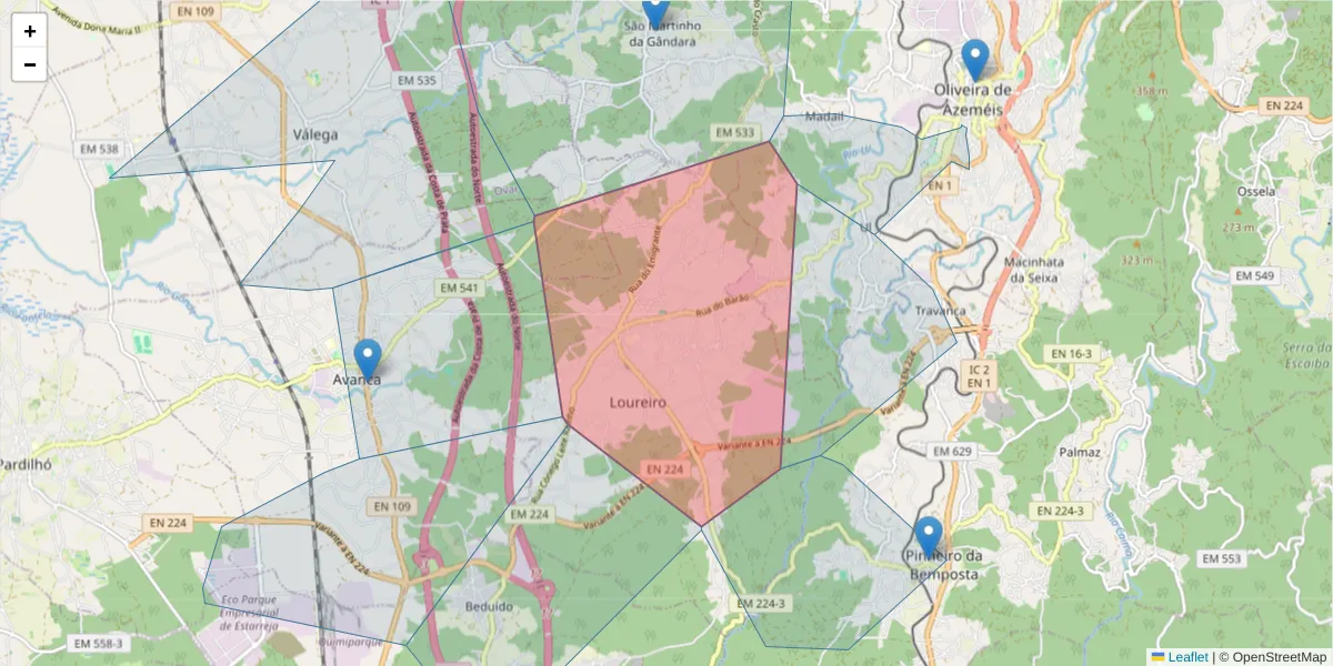 Mapa detalhado do código postal 3720-069 com limites, códigos postais vizinhos e agências dos correios